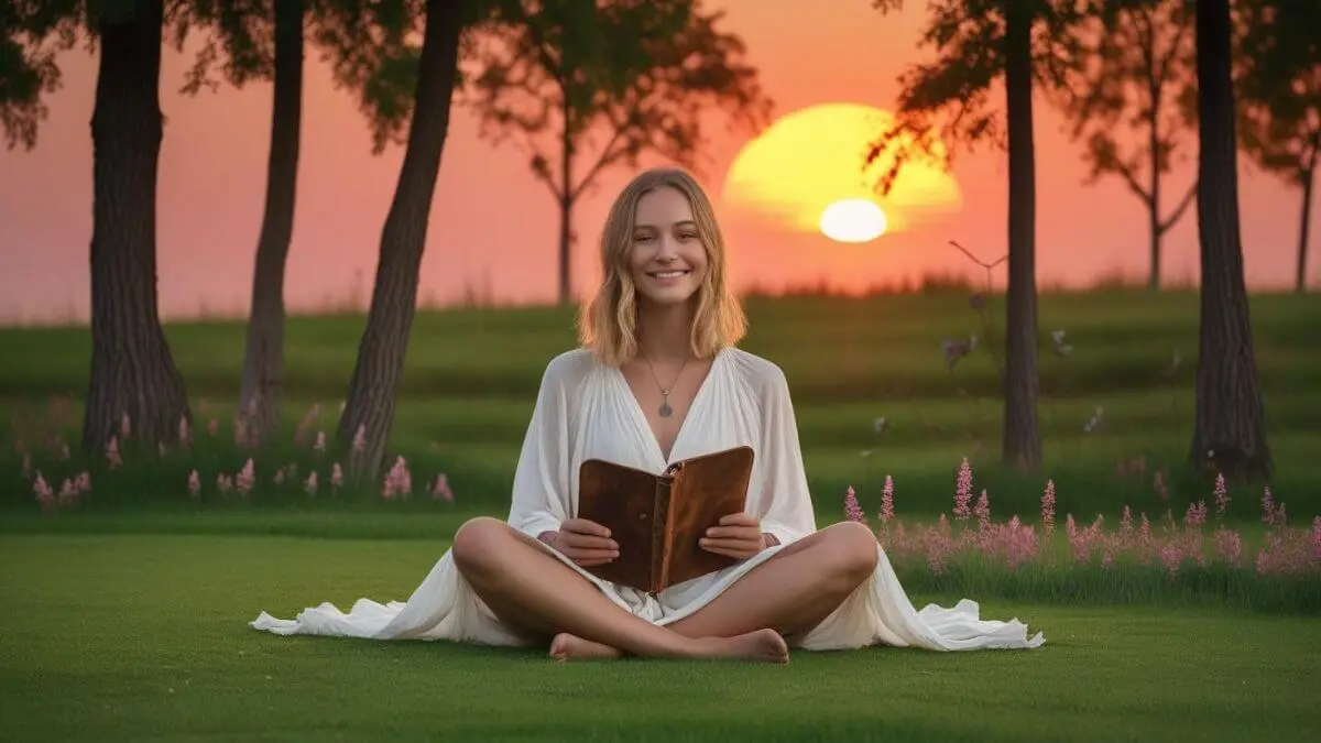 Mulher sorrindo sentada na grama ao pôr do sol, escrevendo em caderno, em momento de paz e reflexão.