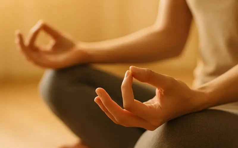 Mãos femininas repousando sobre os joelhos em posição de meditação, com os dedos formando um mudra, iluminadas por luz dourada suave.