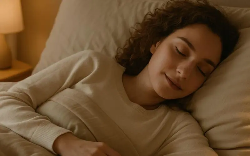 Mulher dormindo serenamente em um quarto com luz suave e cobertores confortáveis.