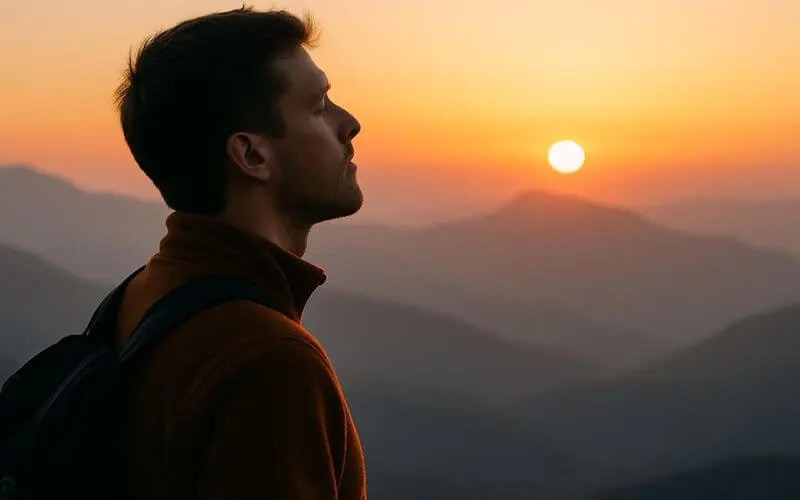 Pessoa apreciando a vista de uma montanha ao pôr do sol, respirando profundamente.