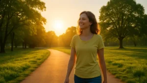 Pessoa caminhando em um parque ao amanhecer, com luz dourada e expressão de paz, simbolizando melhoria da qualidade de vida.