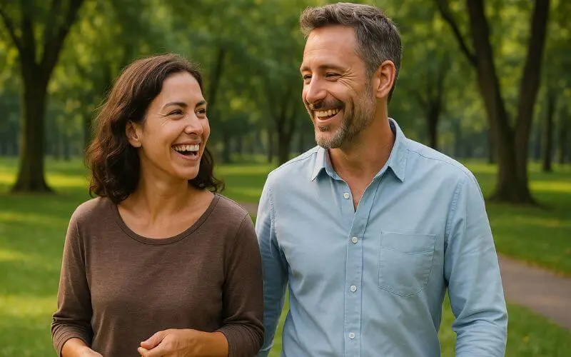 Homem e mulher sorrindo juntos enquanto passeiam em um parque arborizado.