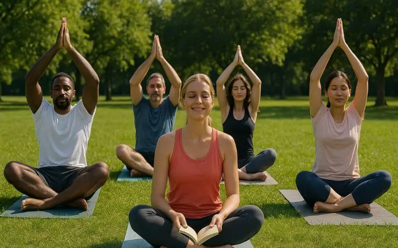 grupo praticando yoga ao ar livre para melhorar saúde e qualidade de vida.