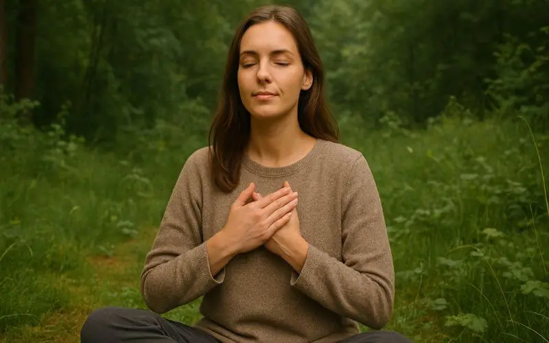 mulher com olhos fechados, mãos no coração, sentada em meio à natureza