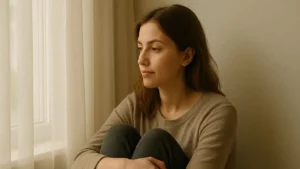 Mulher sentada ao lado de uma janela com cortina translúcida, abraçando os joelhos e olhando para fora com expressão reflexiva.