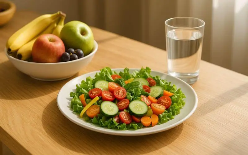 Mesa com frutas frescas, salada colorida e copo de água sob luz natural.