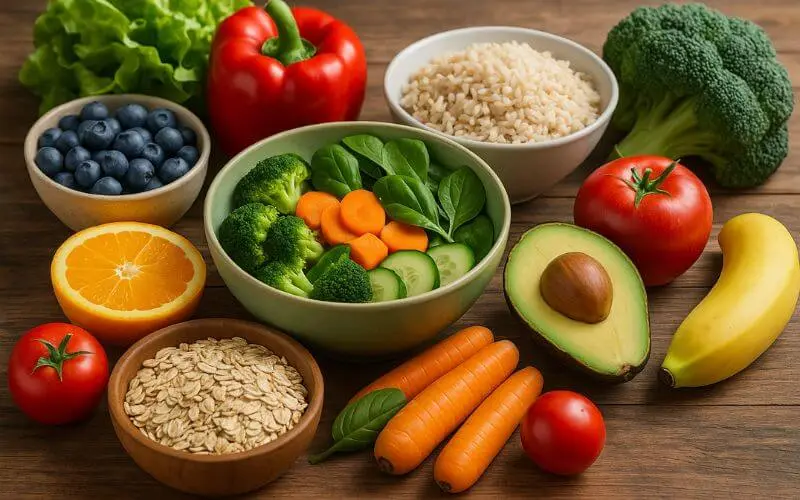 Mesa posta com frutas, verduras e grãos integrais coloridos, representando uma alimentação nutritiva e equilibrada.l