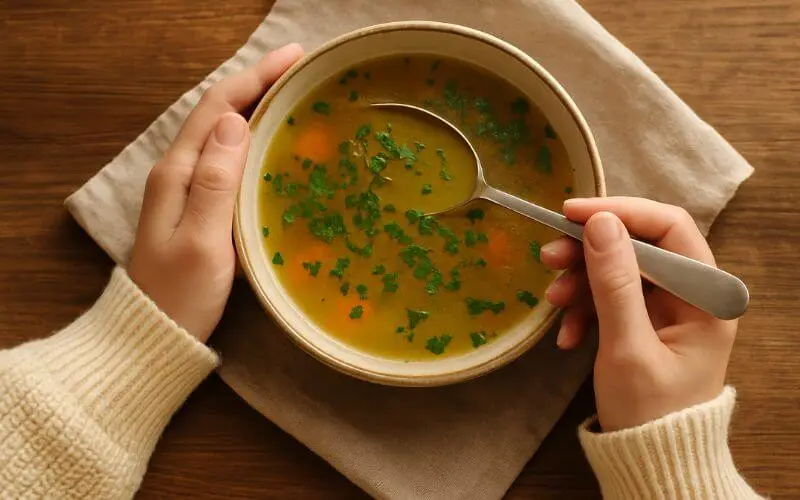 Mãos segurando uma tigela de sopa quente com ervas frescas, sobre um guardanapo de tecido em uma mesa de madeira, transmitindo aconchego e cuidado.