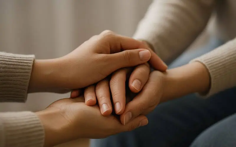 Fotografia de duas mãos se tocando, representando suporte emocional e empatia.