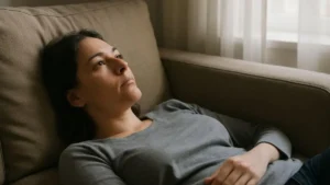 Mulher deitada no sofá, com olhar neutro voltado para o teto, em um ambiente iluminado pela luz natural.