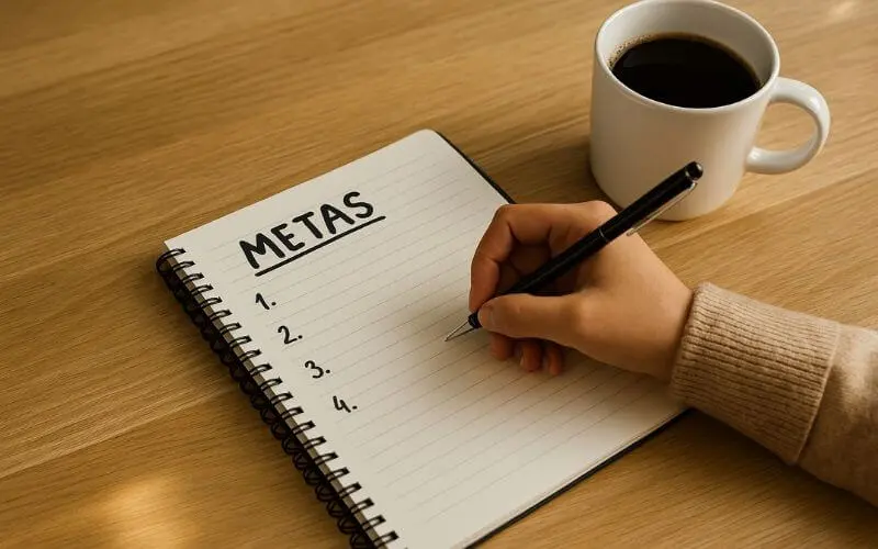 Pessoa escrevendo metas em um caderno, com xícara de café ao lado e luz natural iluminando a mesa.