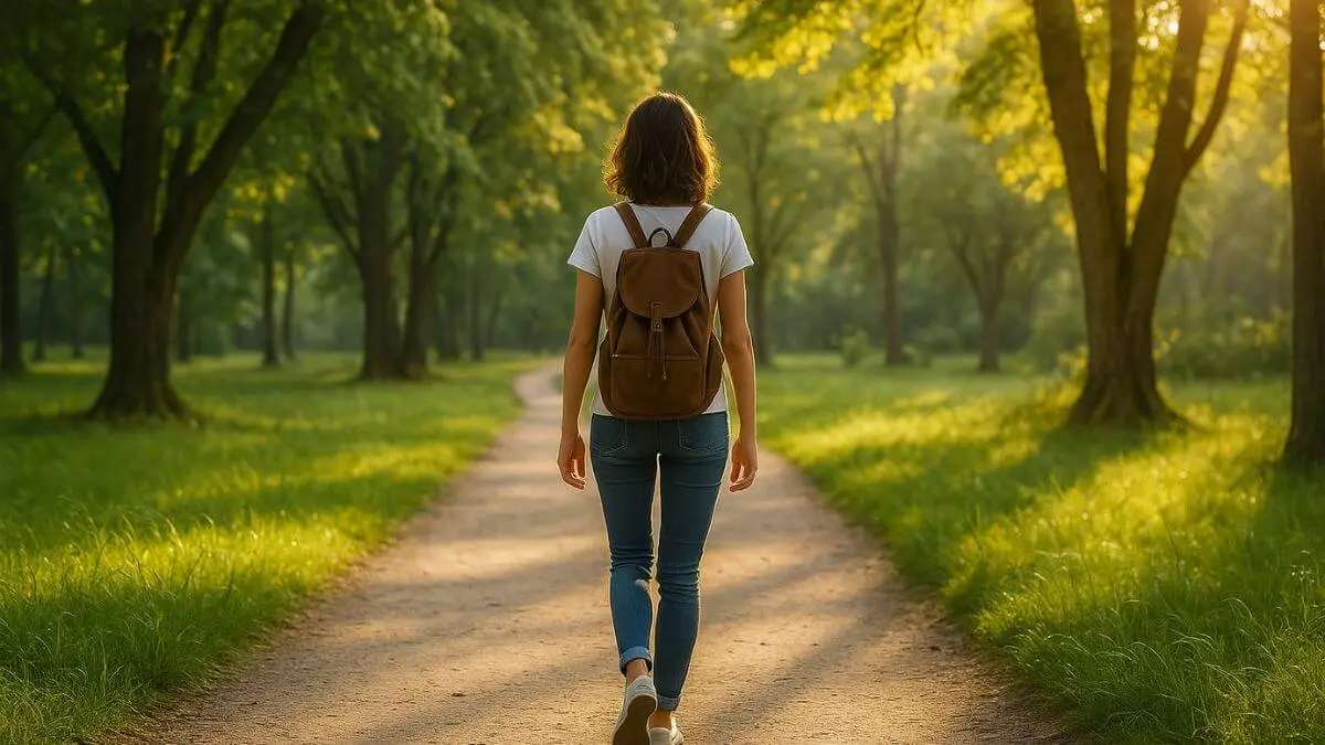 Pessoa caminhando por um caminho arborizado, transmitindo sensação de liberdade, bem-estar e equilíbrio.