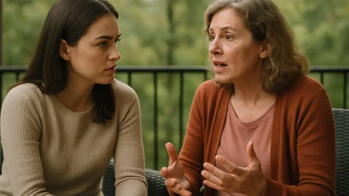 Duas mulheres sentadas em uma varanda, uma ouvindo atentamente enquanto a outra fala com expressão emocionada, com vegetação desfocada ao fundo.