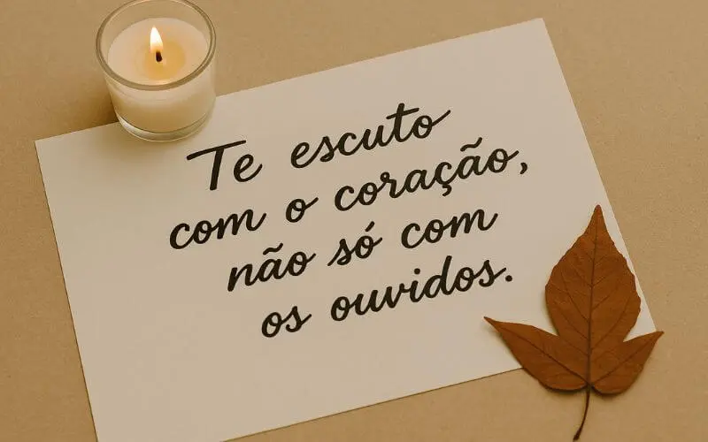 Papel com a frase escrita à mão “Te escuto com o coração, não só com os ouvidos”, acompanhado de uma vela acesa e uma folha seca decorativa.