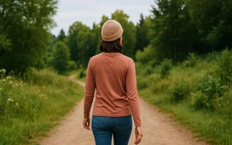 Mulher caminhando sozinha por uma trilha de terra em meio à natureza, cercada por vegetação verde e árvores altas. Ela veste blusa de manga longa em tom terroso, calça jeans e gorro bege, transmitindo uma sensação de tranquilidade e conexão com o ambiente. A cena é iluminada por luz natural suave, reforçando o clima sereno e acolhedor.
