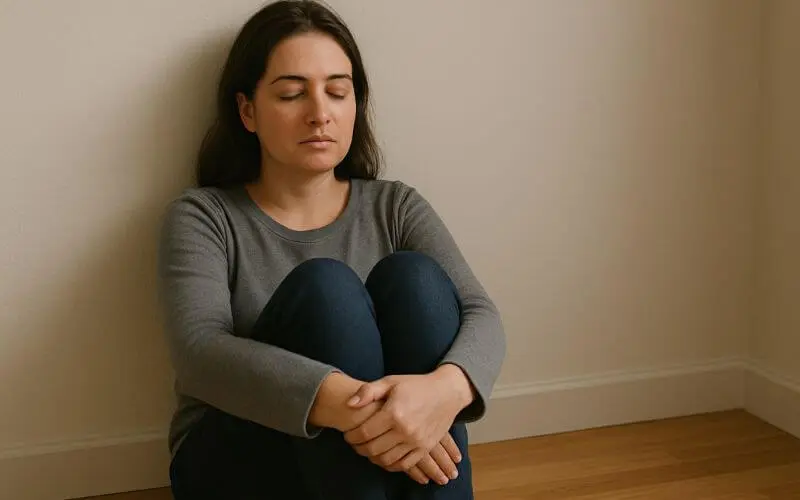 Mulher sentada no chão, de olhos fechados, abraçando os joelhos com as costas apoiadas na parede