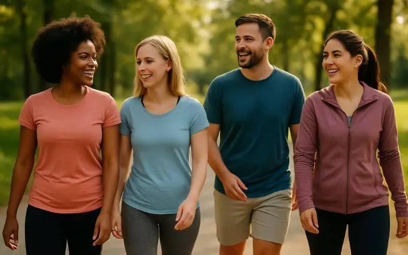 Grupo de pessoas caminhando ao ar livre, sorrindo e interagindo durante a prática de exercícios.