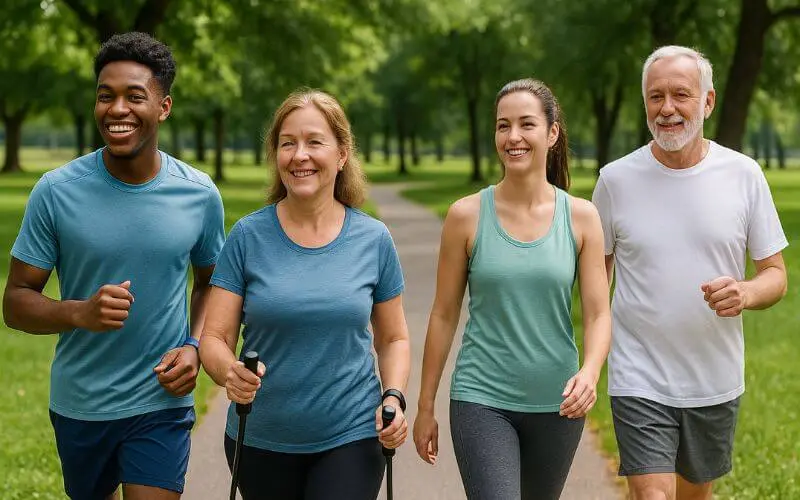 Pessoas caminhando em um parque, representando hábitos saudáveis para prevenir depressão.