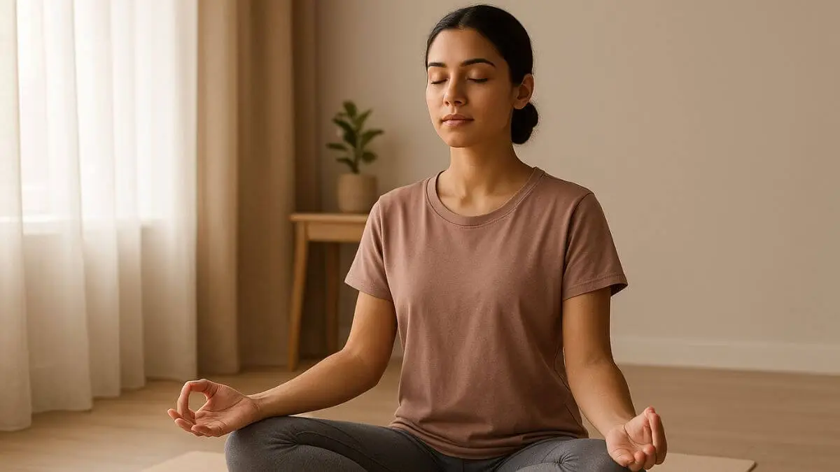 Mulher sentada em posição de meditação em um ambiente sereno, com luz suave entrando pela janela, transmitindo calma e foco.