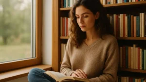 Mulher sentada perto de estante de livros com um exemplar aberto no colo e expressão pensativa, sob luz natural suave.