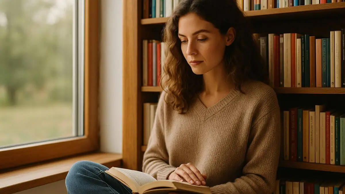 Mulher sentada perto de estante de livros com um exemplar aberto no colo e expressão pensativa, sob luz natural suave.