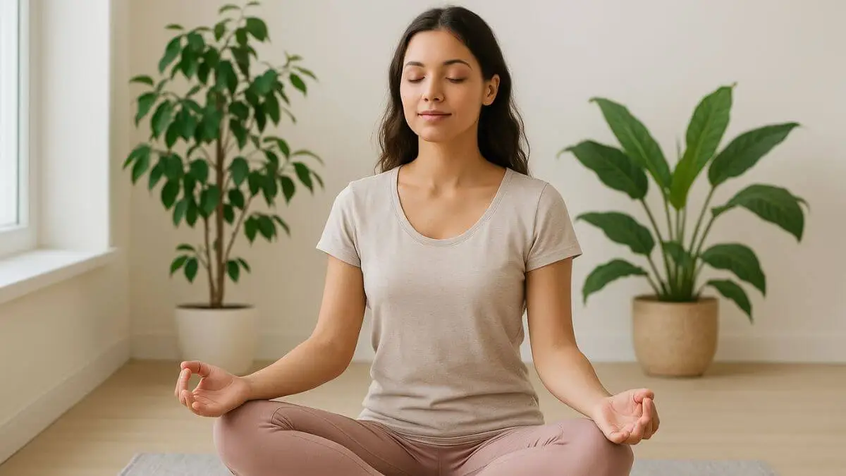 Mulher jovem em posição de meditação, sentada de pernas cruzadas em ambiente tranquilo