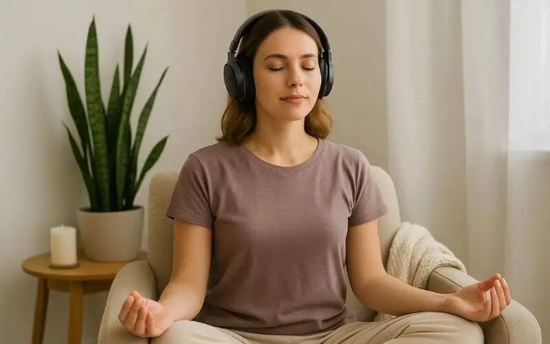 Mulher com fones de ouvido, olhos fechados, praticando meditação guiada em ambiente tranquilo