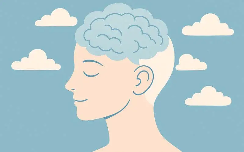 Ilustração minimalista de uma mente calma cercada por nuvens suaves