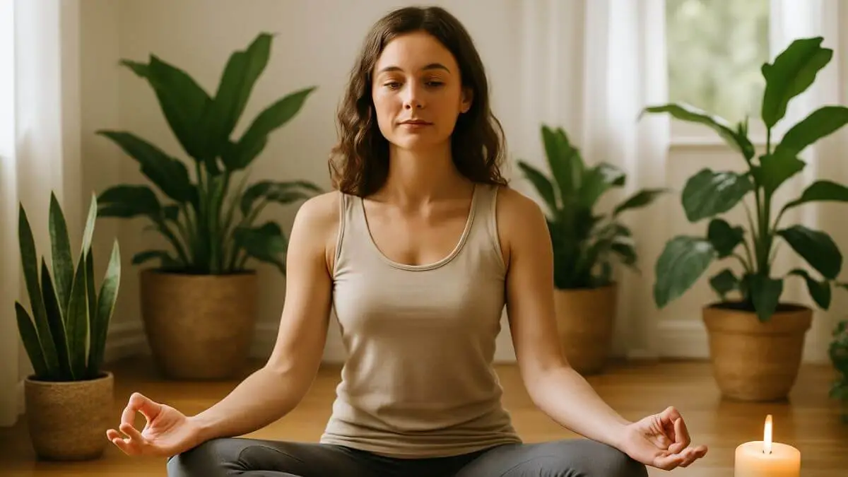 Mulher sentada em posição de lótus em um ambiente interno iluminado naturalmente, cercada por plantas e uma vela acesa ao lado.