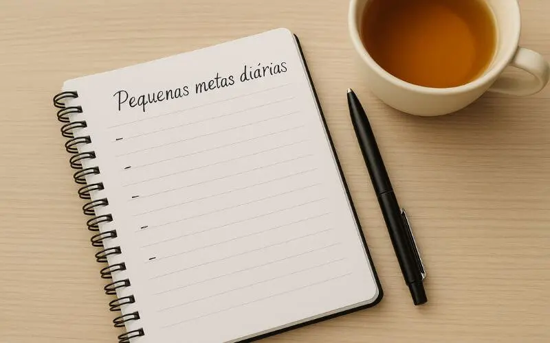 Caderno aberto com lista escrita em português de pequenas metas diárias, ao lado de uma caneta e uma xícara de chá sobre uma mesa iluminada suavemente.
