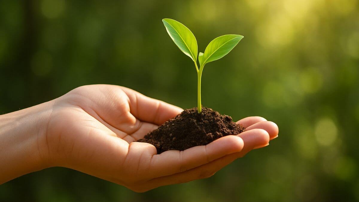 Mão segurando uma pequena planta brotando da terra com fundo natural desfocado e luz do sol suave.