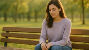 Mulher jovem sentada pensativa em um banco de madeira no parque ao entardecer, com luz suave do sol e árvores desfocadas ao fundo.