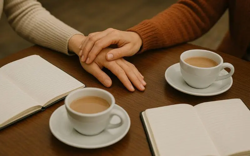 Duas xícaras de café sobre uma mesa de madeira com cadernos abertos, enquanto uma mão repousa sobre o braço da outra em um gesto de cuidado.