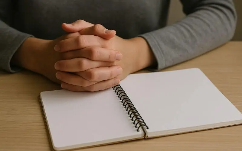 Mãos entrelaçadas apoiadas sobre uma mesa, com um caderno em branco à frente.