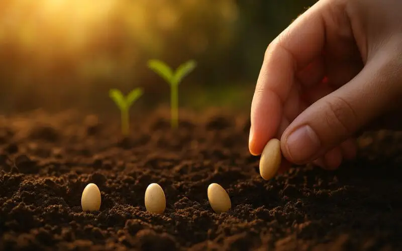 Mão humana plantando sementes em solo escuro e fértil ao entardecer, com brotos verdes ao fundo e luz dourada do pôr do sol iluminando a cena.