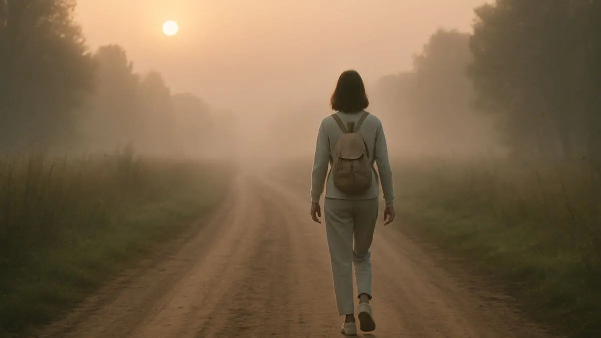 Mulher caminhando sozinha em uma estrada de terra ao amanhecer, cercada por névoa e árvores ao fundo, usando roupas claras e mochila.