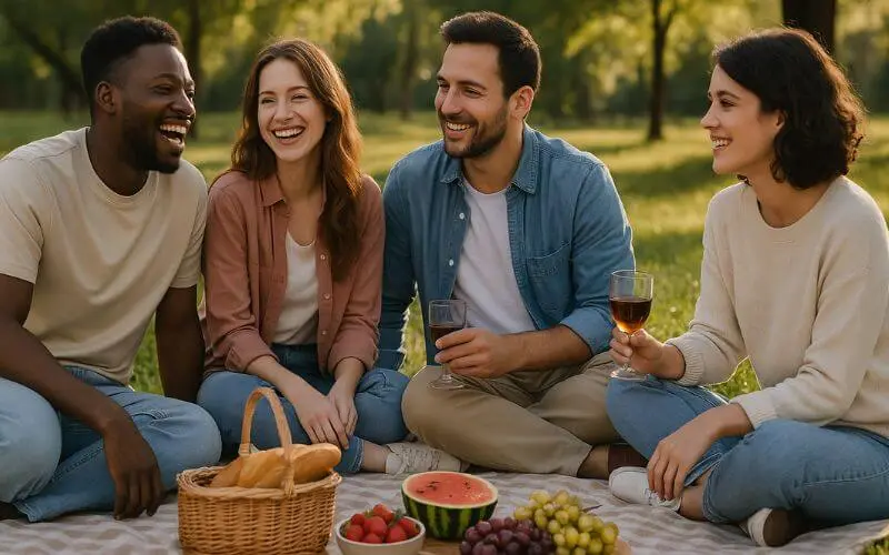  Amigos reunidos em um piquenique, sorrindo e conversando ao ar livre.