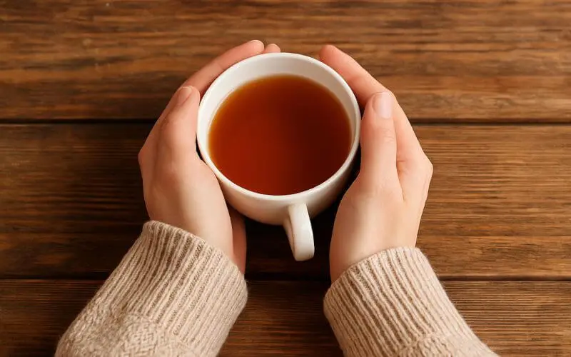 Mãos femininas segurando delicadamente uma xícara branca de chá quente sobre uma mesa de madeira rústica. A pessoa veste um suéter de tricô bege, e a cena é iluminada por luz suave e acolhedora, transmitindo sensação de aconchego, conforto e relaxamento.