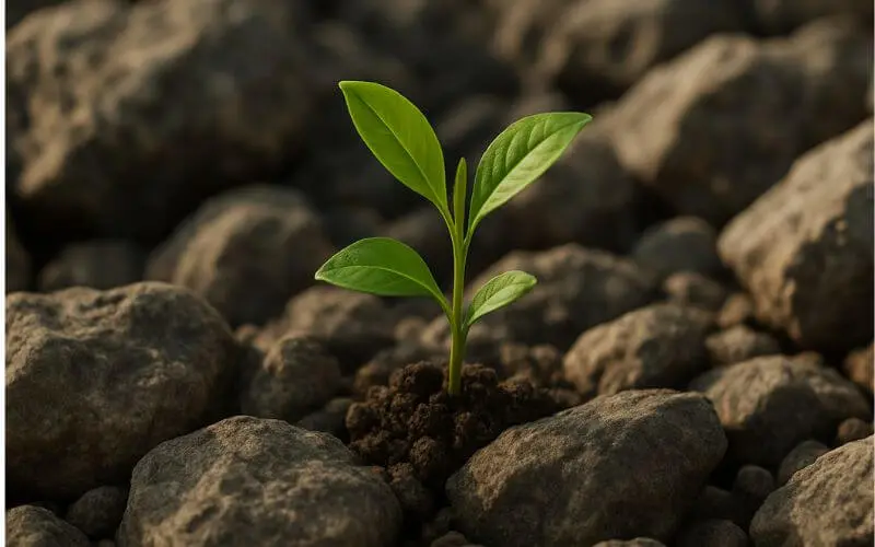 Pequena planta verde crescendo entre pedras, simbolizando superação, resiliência e força diante das dificuldades.