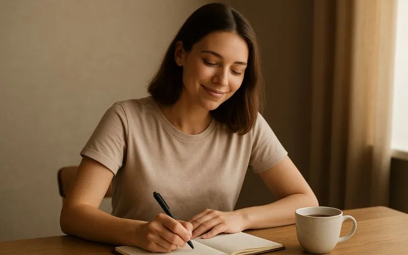 Mulher sorrindo levemente enquanto escreve em um diário, sentada à mesa com xícara de chá, transmitindo paz e autocuidado.