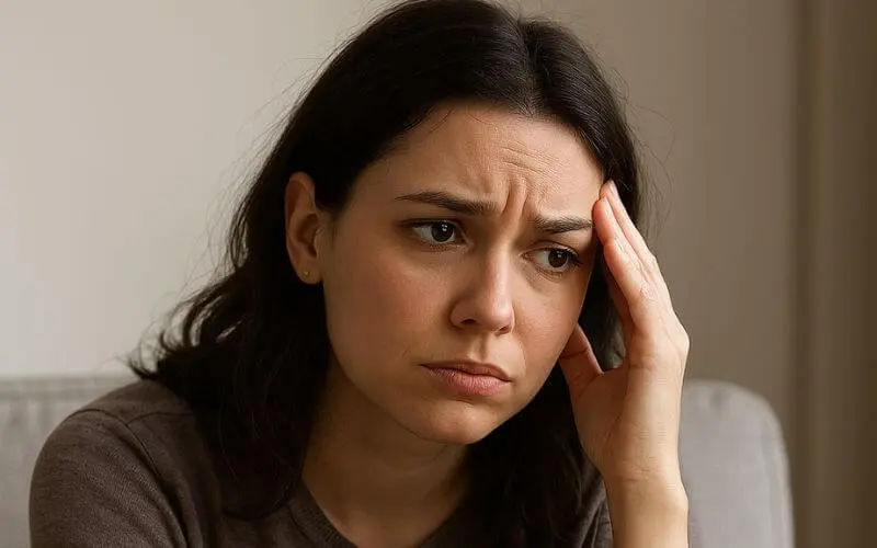 Mulher jovem, de cabelos castanhos e pele clara, sentada em um sofá cinza. Ela apoia o cotovelo no braço do sofá e a mão direita na têmpora, com expressão pensativa e levemente preocupada. A luz natural entra pela lateral, iluminando suavemente seu rosto e criando um clima introspectivo e contemplativo.