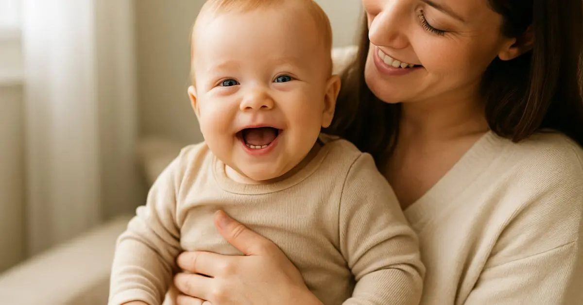 Bebê sorrindo no colo da mãe em ambiente calmo e iluminado, simbolizando vínculo afetivo e bem-estar emocional.”