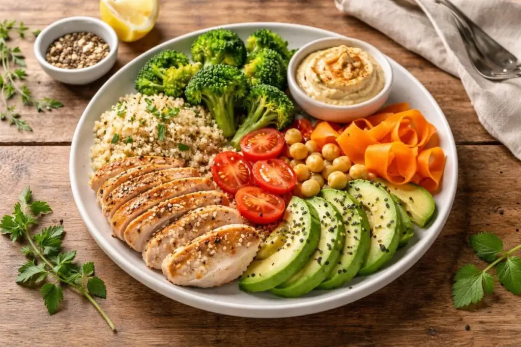 Prato com alimentos naturais e coloridos representando alimentação equilibrada