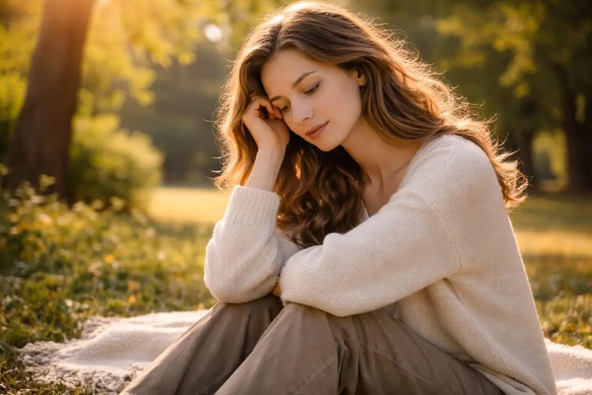 Mulher sentada ao ar livre em momento de reflexão, representando autoconhecimento emocional, introspecção e cuidado com a saúde mental. 