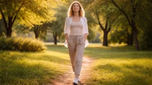 Pessoa caminhando tranquilamente em um parque, representando bem-estar físico, energia e equilíbrio entre corpo e mente.