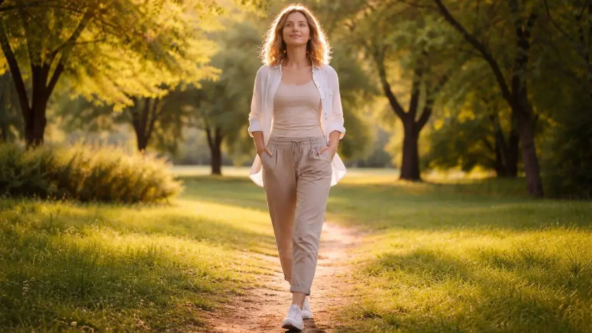 Pessoa caminhando tranquilamente em um parque, representando bem-estar físico, energia e equilíbrio entre corpo e mente.