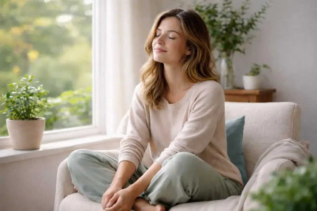 Pessoa em momento de calma e equilíbrio emocional, representando como melhorar a saúde mental