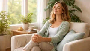 Mulher sentada confortavelmente em ambiente iluminado, com os olhos fechados, representando calma, equilíbrio emocional e cuidado com a saúde mental.
