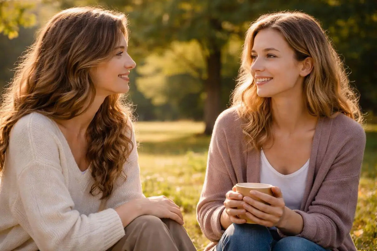Duas mulheres conversando de forma tranquila ao ar livre, representando comunicação emocional saudável e vínculos seguros. 