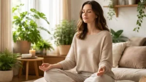 Pessoa praticando mindfulness em ambiente calmo e acolhedor